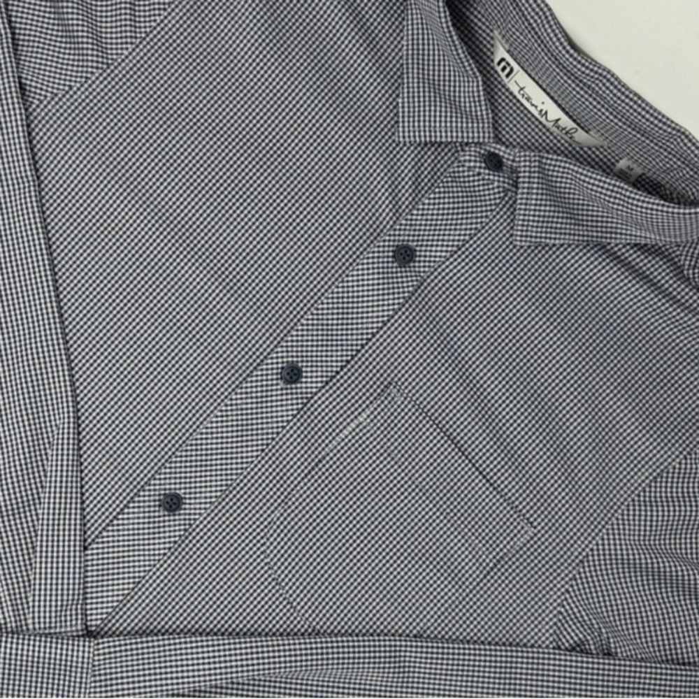 Travis Mathew Shirt‎ Mens Medium Navy Blue White Gingham Check Stretch Button Up